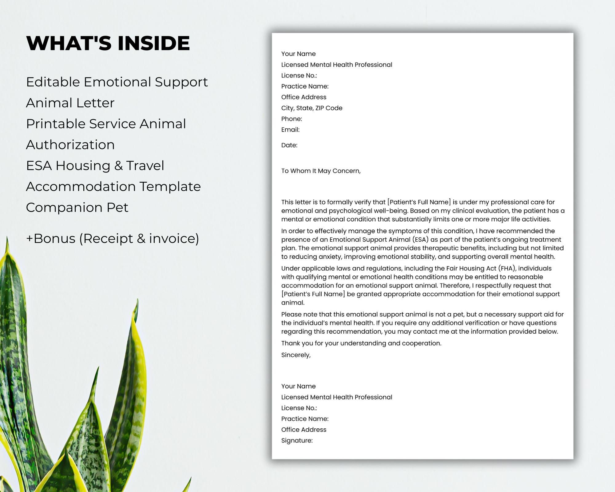 Companion Letter Example Editable Emotional Support Animal Letter, ESA Housing & Travel ...