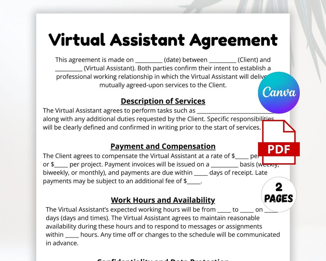 Virtual Assistant Contract Template, VA Agreement Form, VA Contract ...