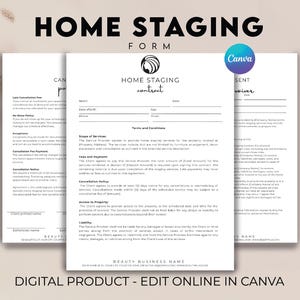May include: A black and white printable home staging contract form with the text "HOME STAGING CONTRACT" at the top. The form includes sections for terms and conditions, scope of services, fees and payment, cancellation policy, and access to property.