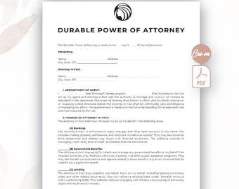 One Page Durable Power of Attorney Template, Durable Financial POA Form, POA Form, Printable POA Agreement, Printable Durable Legal Form