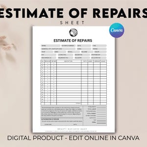 May include: A white "ESTIMATE OF REPAIRS" sheet with black text and a logo. The form includes sections for customer details, repair descriptions, and cost calculations. The text "DIGITAL PRODUCT - EDIT ONLINE IN CANVA" is at the bottom of the sheet.