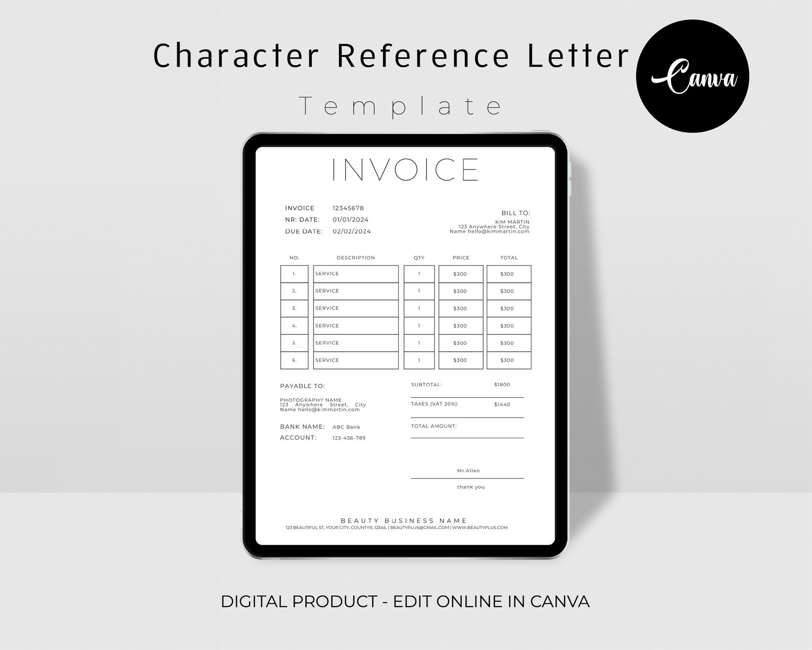 Professional Character Reference Letter, Editable Character ...