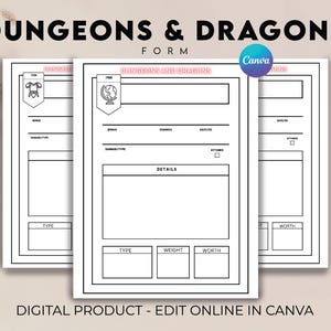 Cartas editáveis de Dungeons and Dragons, ficha de personagem de Dungeons and Dragons, cartas de itens ilustradas em branco, modelo de Dungeons and Dragons