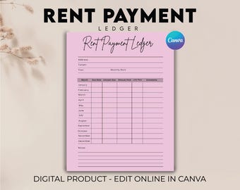 Editable Rent Payment Ledger Template, Rent Payment Tracker, Rental Payment Log, Landlords Payment Ledger, Invoice & Receipts Template