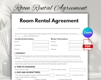 Editable Room Rental Agreement Template, Single Page Room Tenancy Agreement, Editable Room Tenancy Agreement, Roommate Room Rental Agreement