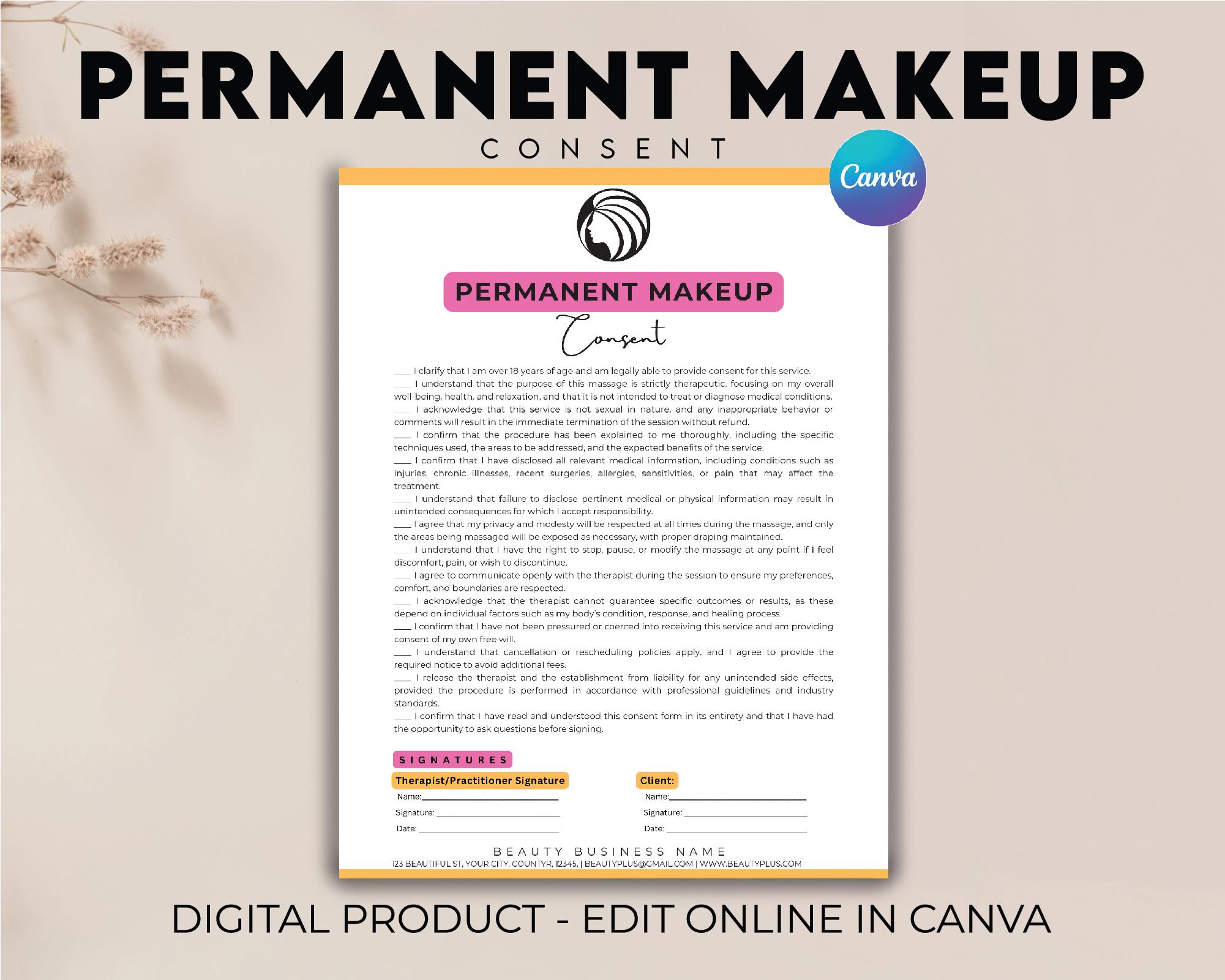 Permanent Makeup Consent Form, Permanent Makeup Form, PMU Client Intake ...