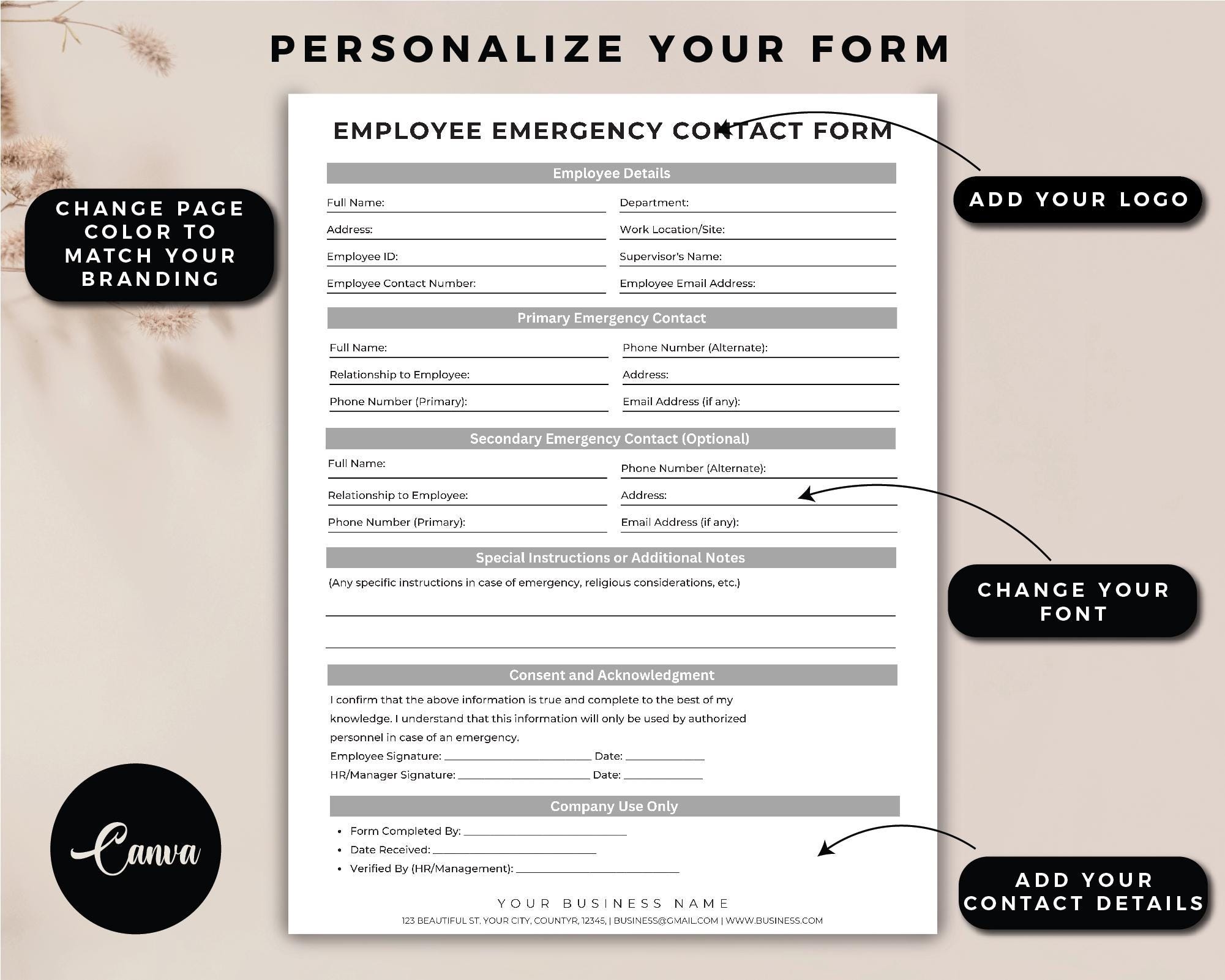 Employee Emergency Contact Form, New Employee Document, New Hire Form ...