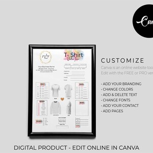 Puede incluir: Una plantilla de dise&ntilde;o de camiseta personalizable para un negocio. La plantilla incluye una maqueta de camiseta en blanco, tablas de tallas y espacio para agregar marca, colores, texto, fuentes, informaci&oacute;n de contacto y p&aacute;ginas. La plantilla est&aacute; dise&ntilde;ada para ser editada en l&iacute;nea usando Canva.