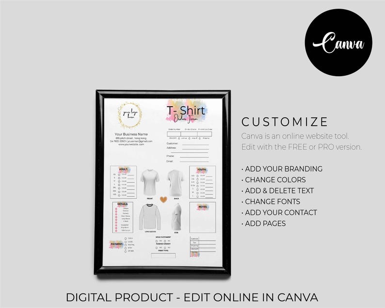 Puede incluir: Una plantilla de dise&ntilde;o de camiseta personalizable para un negocio. La plantilla incluye una maqueta de camiseta en blanco, tablas de tallas y espacio para agregar marca, colores, texto, fuentes, informaci&oacute;n de contacto y p&aacute;ginas. La plantilla est&aacute; dise&ntilde;ada para ser editada en l&iacute;nea usando Canva.