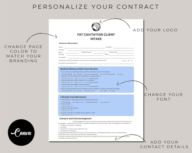 Fat Cavitation Form, Fat Cavitation Consent Form, Esthetician Business ...