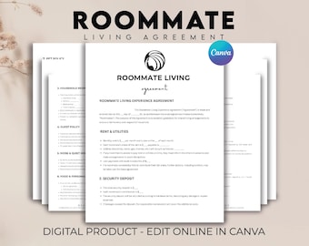 May include: A stack of white paper documents with the text "ROOMMATE LIVING AGREEMENT" in large black letters. The documents include sections on rent, utilities, and security deposits. The Canva logo is visible. The phrase "DIGITAL PRODUCT - EDIT ONLINE IN CANVA" is at the bottom.