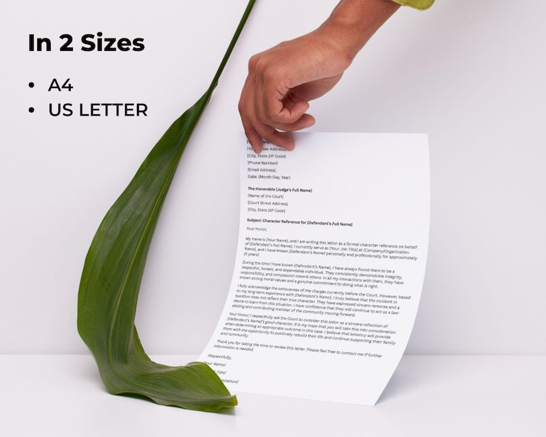 May include: A white sheet of paper with text is held by a hand, with a long green leaf in the foreground. The text on the paper is a formal letter. The text "In 2 Sizes" is at the top left, with "A4" and "US LETTER" below it.