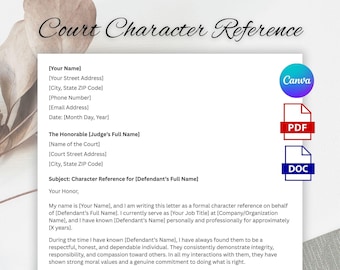 Court Character Reference Letter Template, Character Letter for a Judge, Judicial Character Reference, Character Reference for Court Letter