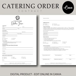 May include: A catering order contract template with the text "CATERING ORDER CONTRACT" at the top. The document includes sections for event details, menu selection, and special instructions. The Canva logo is in the upper right corner.