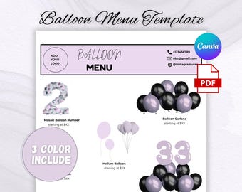 Modèle de menu de ballons modifiable, liste de prix de guirlande d'artiste de ballons, ensemble d'affaires de ballons, liste de prix de décoration de ballons, entreprise de ballons
