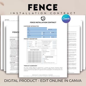 Op de afbeelding: Een stapel witte papieren documenten met de tekst "FENCE INSTALLATION CONTRACT" en "DIGITAL PRODUCT - EDIT ONLINE IN CANVA". De documenten hebben blauwe en zwarte tekst en een Canva-logo.
