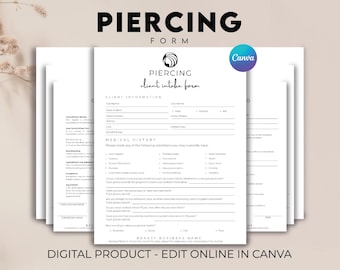 Piercing Client Intake Forms, Piercing Consent Form, Body Piercing Intake Forms, Ear Piercing From, Nose Piercing, Piercing Business Forms