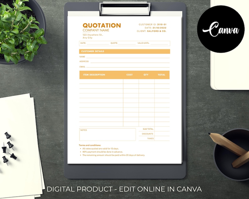 Quotation Template, Quote Form, Job Estimate Form, Invoice & Receipt ...