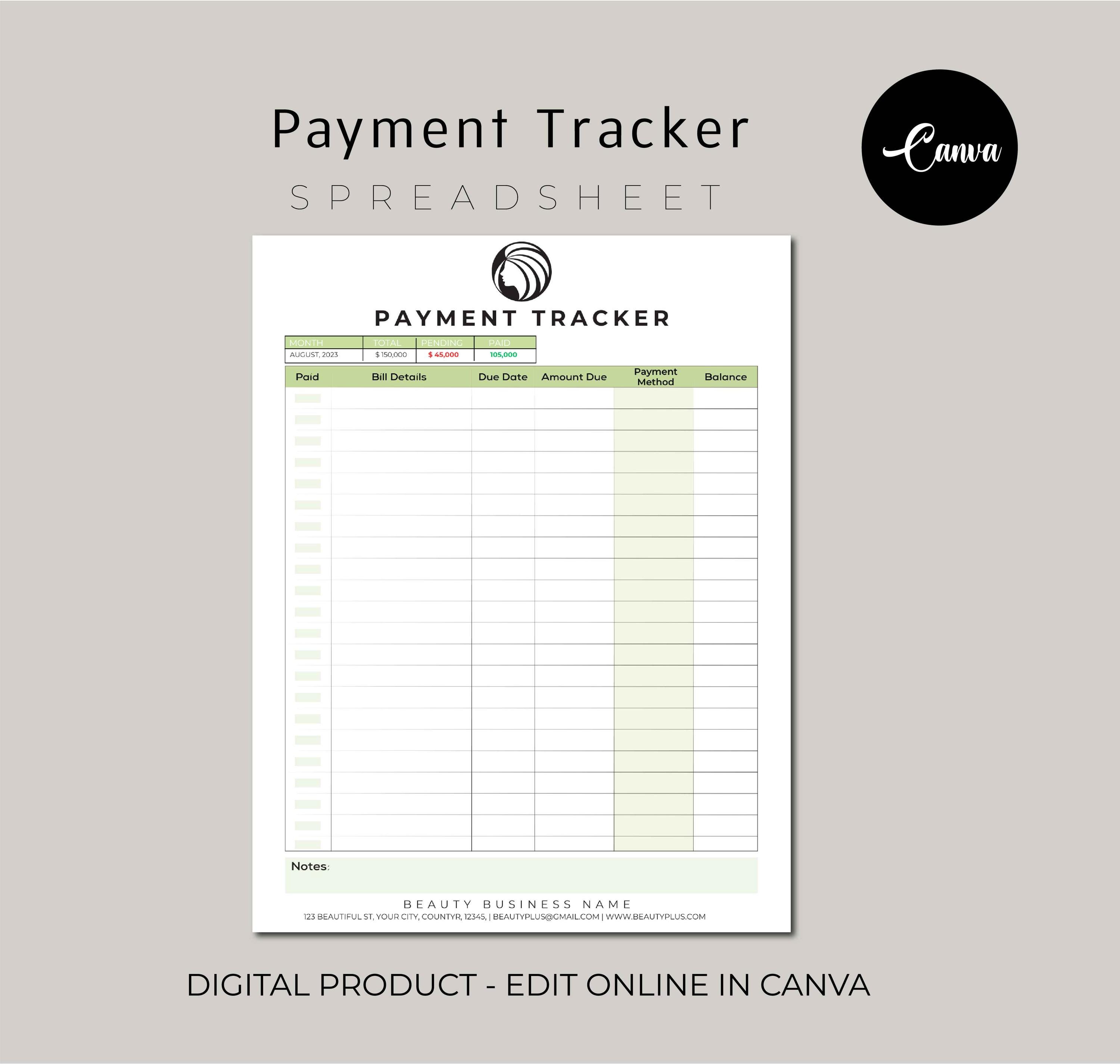 Payment Tracker Canva Template Printable Client Payment History
