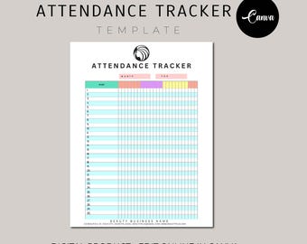 Modello di foglio presenze colorato, grafico di monitoraggio delle presenze Boho per studenti, insegnanti, dipendenti, personale, Canva, foglio presenze modificabile