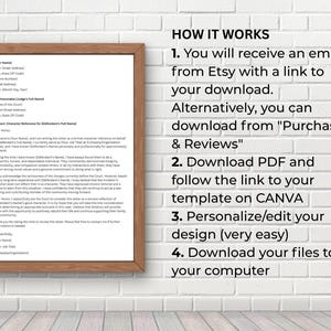 May include: A framed document with text, likely a template for a character reference letter. The frame is a warm brown color. The text on the right side of the image reads "HOW IT WORKS" with numbered steps for downloading and editing the document.