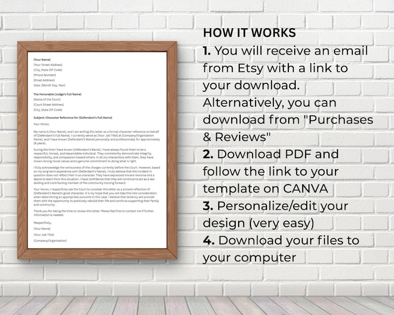 May include: A framed document with text, likely a template for a character reference letter. The frame is a warm brown color. The text on the right side of the image reads "HOW IT WORKS" with numbered steps for downloading and editing the document.