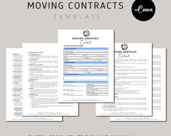 May include: A digital template for a moving services contract. The template includes a client intake form with fields for company information, client information, service request and notes, and pricing. The contract includes sections for communication, obligations of the client, and payment terms. The template is designed to be edited online in Canva.