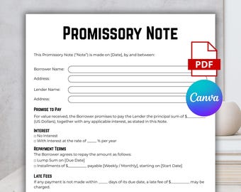 Plantilla de pagaré editable, formulario de contrato de préstamo personal de una sola página, pagaré para pago, contrato de préstamo imprimible, factura