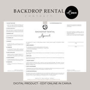 May include: A black and white printable contract template for backdrop rentals. The document includes sections for delivery and return, cancellation policy, indemnification, governing law, insurance, warranties, dispute resolution, entire agreement, amendments, authorized representatives, rental property, rental term, rental fee, security deposit, use of the backdrop, care and maintenance, and beauty business name. The text "BACKDROP RENTAL CONTRACT" is at the top of the document.