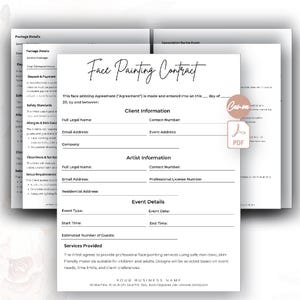 May include: A white document titled Face Painting Contract with black text and lines for client information, artist information, and event details. The form includes sections for deposit, safety standards, and services provided, with a Canva PDF icon.