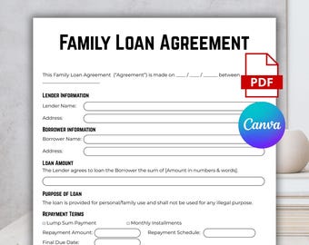 Contratto di prestito familiare di una pagina, contratto di debito familiare, modello di modulo di contratto di prestito familiare modificabile, contratto di debito modificabile, modulo di prestito familiare