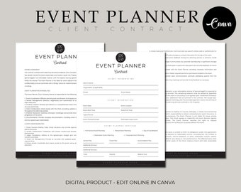 May include: Black and white printable event planner contract template with the text "EVENT PLANNER CLIENT CONTRACT" at the top. The template includes sections for client information, event details, event planner services, and client responsibilities.