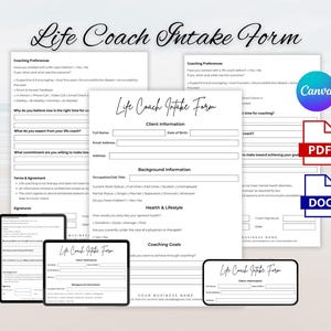 Op de afbeelding: Een verzameling digitale intakeformulieren voor life coaches, waaronder een hoofdformulier, een tabletweergave en een visitekaartje. De formulieren zijn wit met zwarte tekst en de titel "Life Coach Intake Form" wordt in elegant schrift weergegeven.