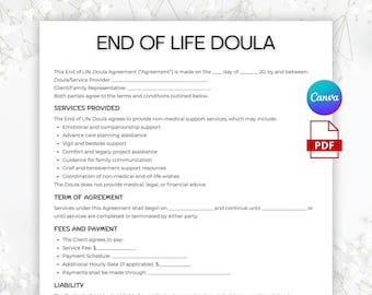 End of Life Doula Agreement, Vigil Planning Form Template, Customizable Legacy Work,  Non Medical Support Services, Life Doula Contract
