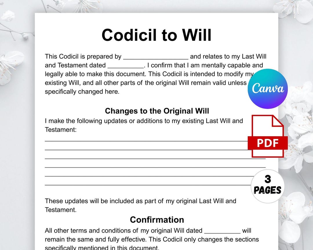 Editable Codicil to Will Template, One Page Will Codicil Form, Editable