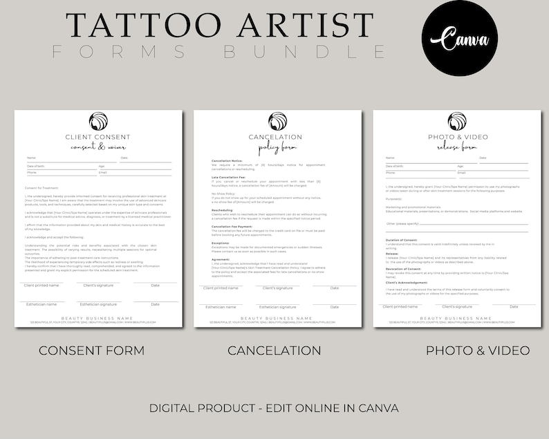 Tattoo Artist forms bundle - Editable!, Tattoo Consent Form, Tattoo Artist Business Forms, Tattoo Consent Document,Tattoo Intake Form. image 3