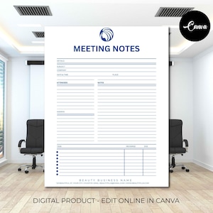 Meeting Minutes Template, Meeting Notes Template, Project Meeting Agenda, Simple Meeting Note Planner, Editable Canva Forms, A4/Us Letter
