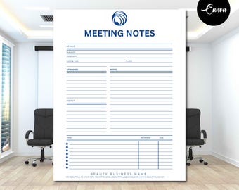 Meeting Minutes Template, Meeting Notes Template, Project Meeting Agenda, Simple Meeting Note Planner, Editable Canva Forms, A4/Us Letter