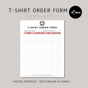 Editable Shirt Order Form Template, Printable Tshirt Order Forms, Fillable Order Form, Order Form, T-Shirt Business Forms, Editable Canva