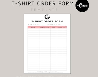 Editable Shirt Order Form Template, Printable Tshirt Order Forms, Fillable Order Form, Order Form, T-Shirt Business Forms, Editable Canva