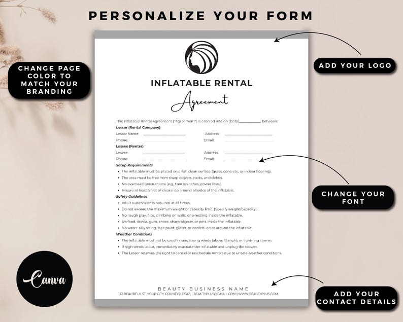 May include: A white Inflatable Rental Agreement form with black text, including sections for Lessor and Lessee details, setup requirements, and safety guidelines. The form includes the text "Personalize Your Form" and "Add Your Logo".