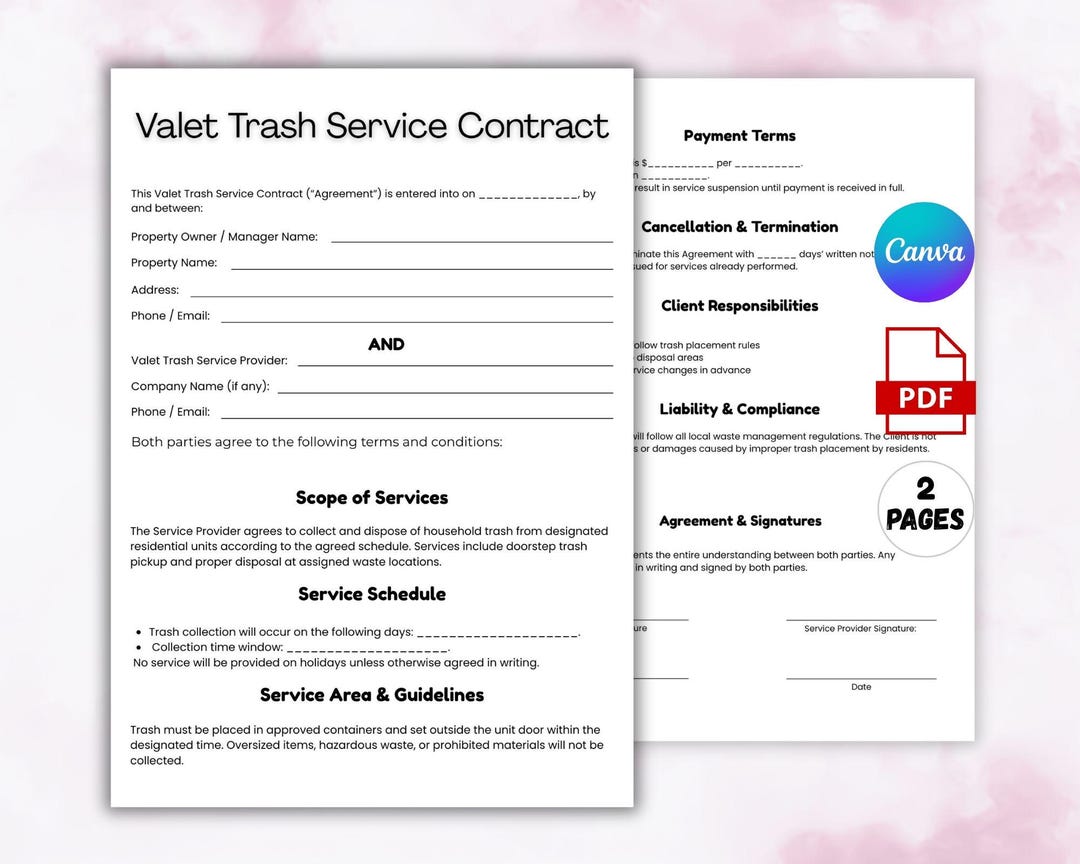 Valet Trash Service Contract Template, Editable Waste Removal Agreement ...