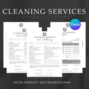 May include: A black and white printable cleaning services contract template with a checklist of services, a quote section, and a signature line. The template is designed to be used for move-in or move-out cleaning services.