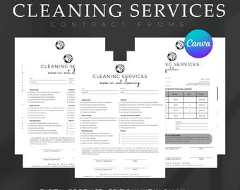 May include: A black and white printable cleaning services contract template with a checklist of services, a quote section, and a signature line. The template is designed to be used for move-in or move-out cleaning services.