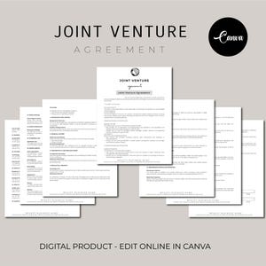 May include: A black and white printable joint venture agreement template for a business. The template is titled "Joint Venture Agreement" and is designed to be edited in Canva. The text "Digital Product - Edit Online in Canva" is at the bottom of the page.