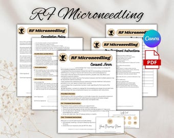 May include: A set of RF Microneedling documents, including a cancellation policy, pre-treatment instructions, and a consent form. The documents feature a minimalist design with the text "RF Microneedling" and a Canva logo. A PDF icon is also visible.