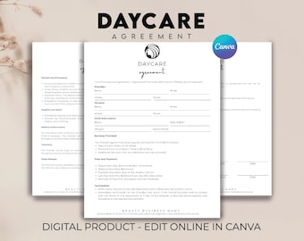 May include: A printable daycare agreement form with a black and white design. The form includes sections for policies and procedures, supplies and meals, medical authorization, insurance, phone release, fees and payment, and termination. The form also includes a section for the provider and parent information.