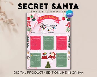Secret Santa Questionnaire, Secret Santa Survey, Gift Exchange Form, Office Coworker Secret Santa Gift Idea, Holiday Party Invite, Invoice