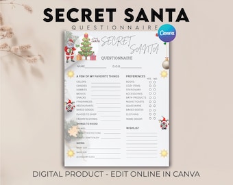 Secret Santa Questionnaire for Co-Workers, Secret Santa Gift Exchange, Christmas Gift Exchange, Gift Exchange Form, Secret Santa Form