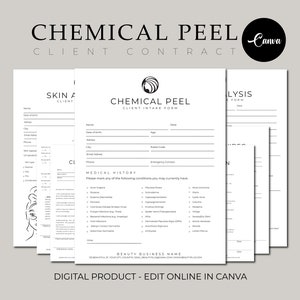 Pode incluir: Formulários imprimíveis em preto e branco para a admissão de um cliente e o histórico médico de um peeling químico. Os formulários incluem seções para as informações do cliente, o histórico médico e uma lista de condições que podem afetar o tratamento. O texto "CHEMICAL PEEL CLIENT INTAKE FORM" está na parte superior do formulário.
